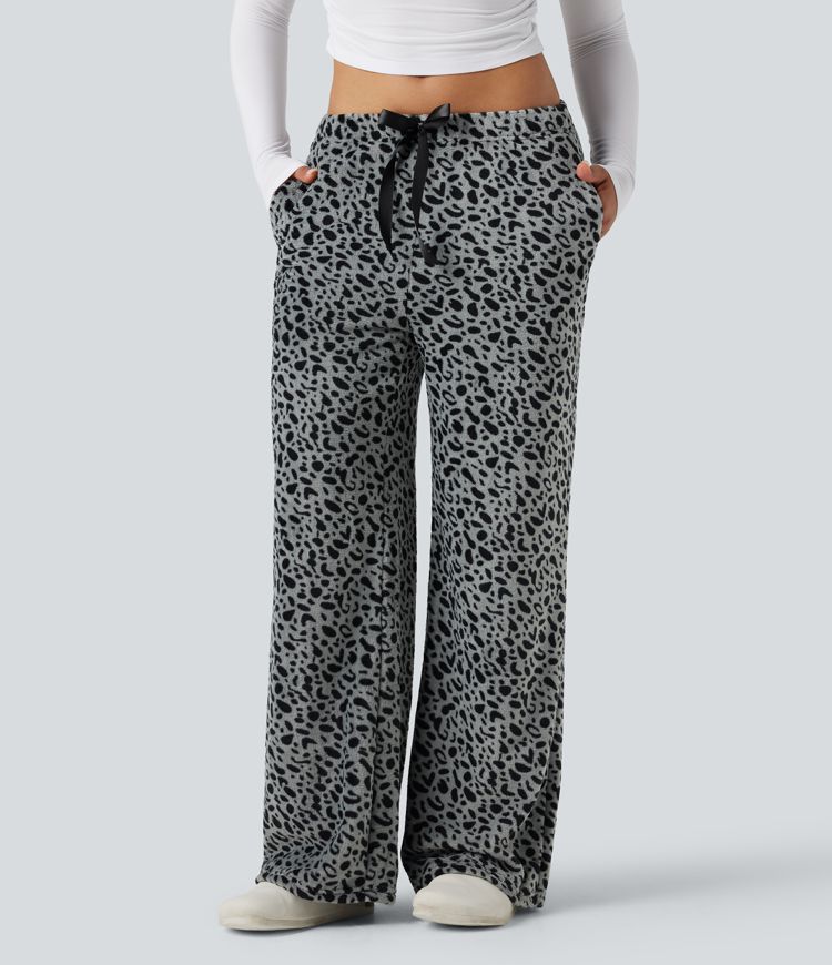 Mid Rise Drawstring Leopard Print Fleece Casual Baggy Pants with Pockets