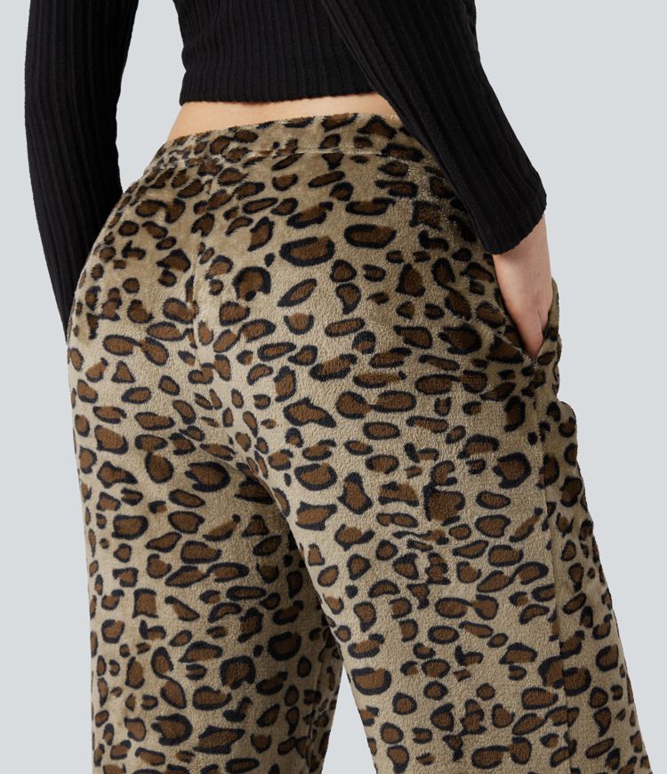 Pantalones baggy informales de forro polar con estampado de leopardo, cintura media, cordón ajustable y bolsillos