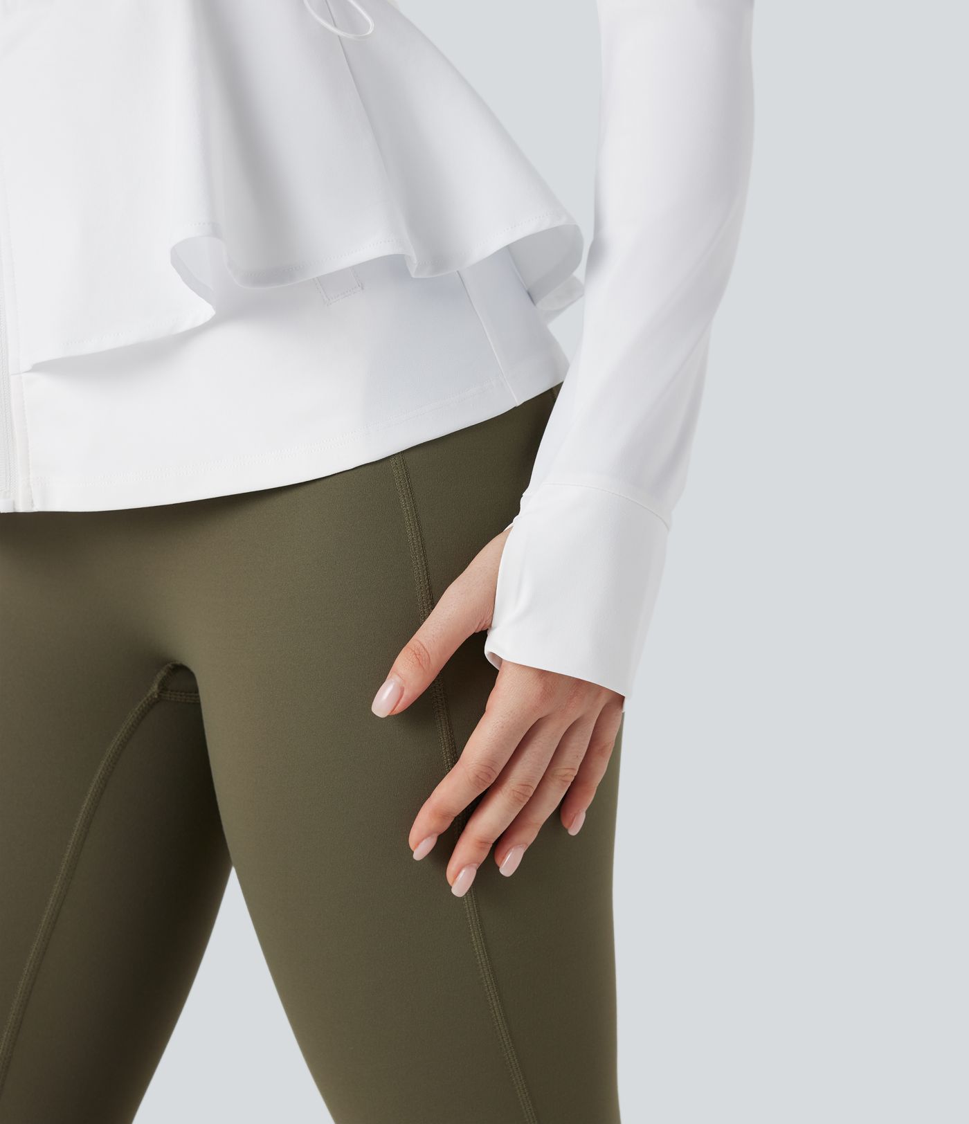 Durable Water Repellent High Neck Long Sleeve Thumb Hole Ruffle Hem Hiking Jacket with Pockets