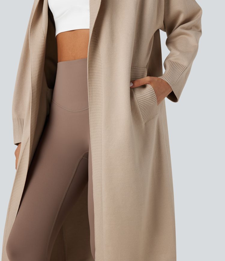 Cardigan long à capuche manches longues avec poches