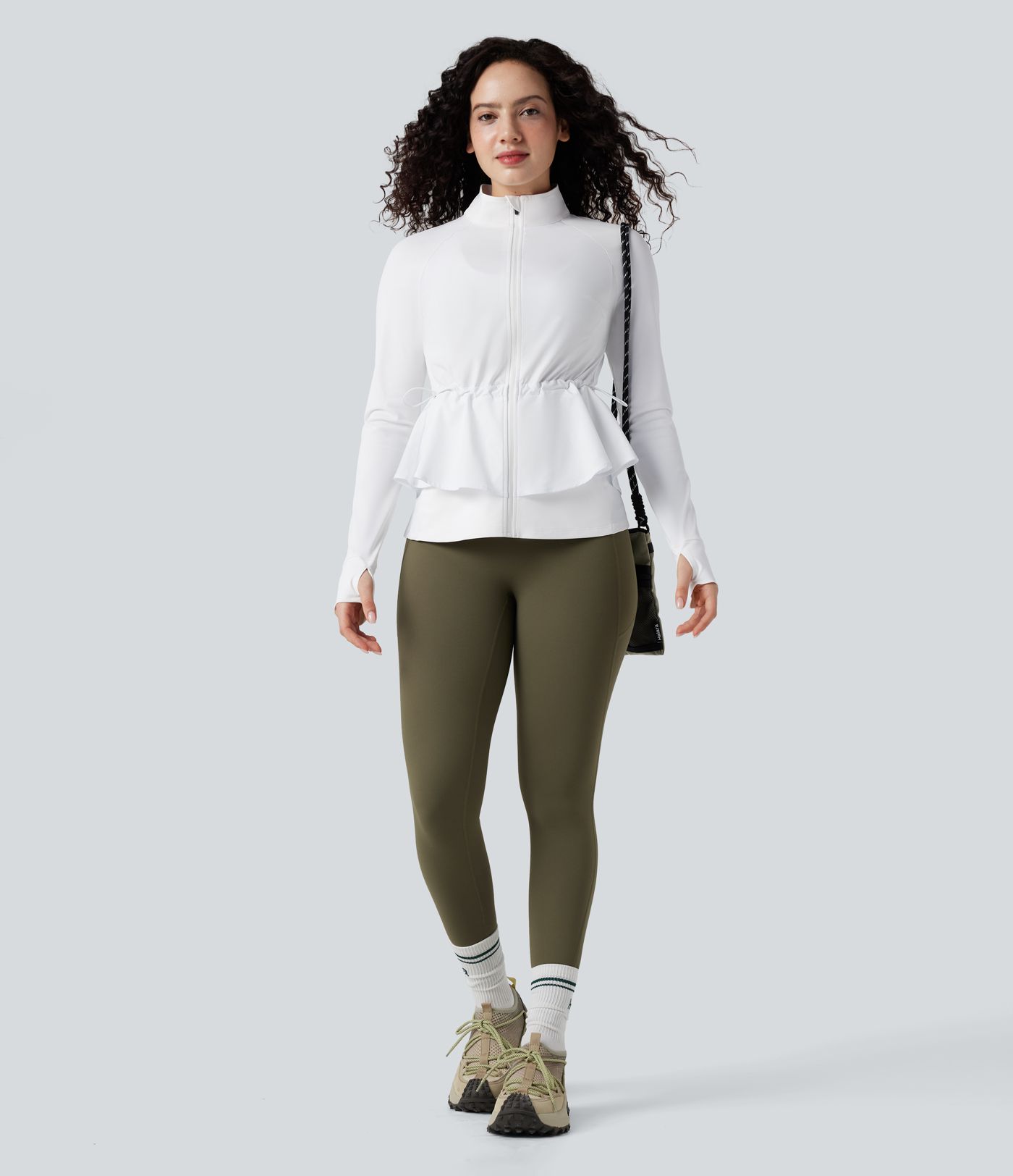 Durable Water Repellent High Neck Long Sleeve Thumb Hole Ruffle Hem Hiking Jacket with Pockets