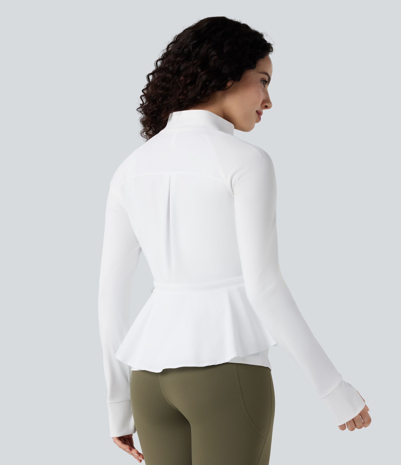 Durable Water Repellent High Neck Long Sleeve Thumb Hole Ruffle Hem Hiking Jacket with Pockets