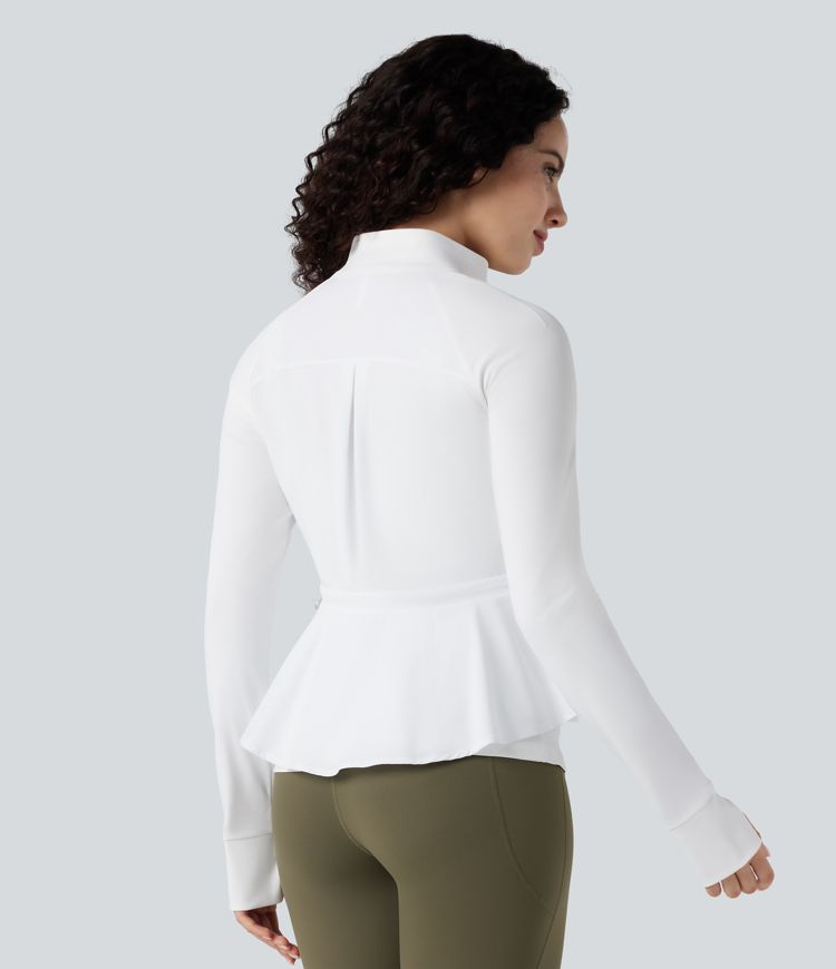 Durable Water Repellent High Neck Long Sleeve Thumb Hole Ruffle Hem Hiking Jacket with Pockets