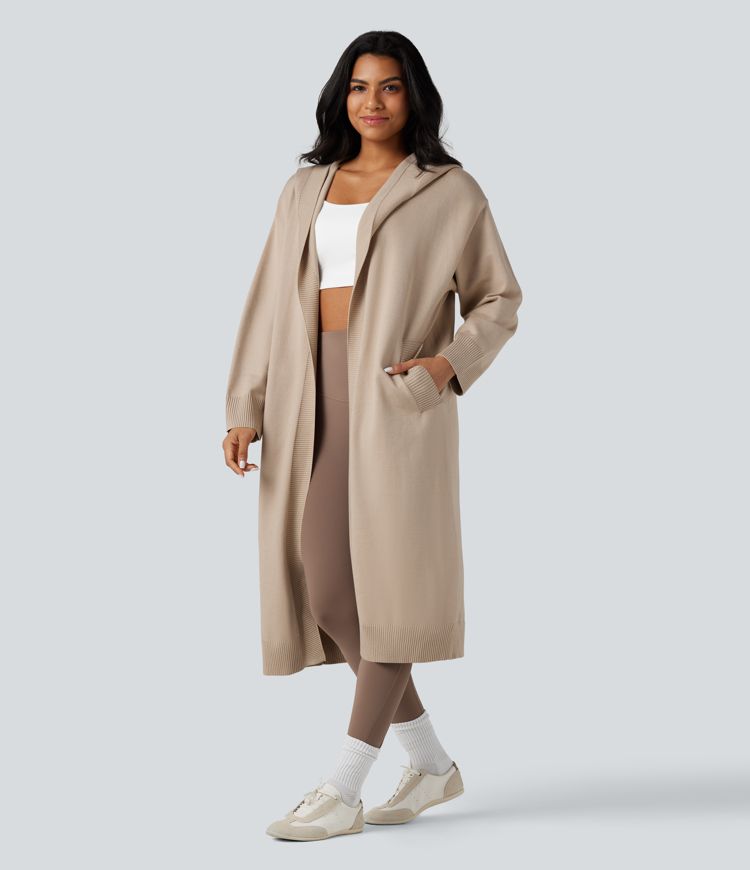 Cardigan long à capuche manches longues avec poches