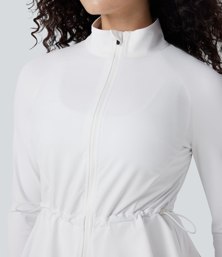 Durable Water Repellent High Neck Long Sleeve Thumb Hole Ruffle Hem Hiking Jacket with Pockets