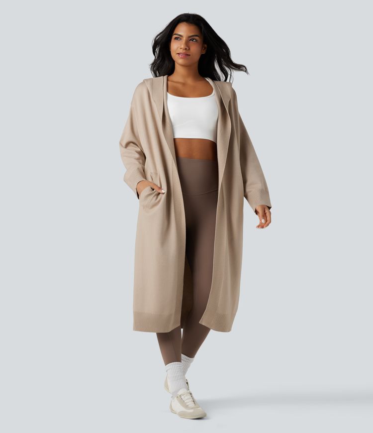 Hooded Long Sleeve Longline Casual Cardigan with Pockets