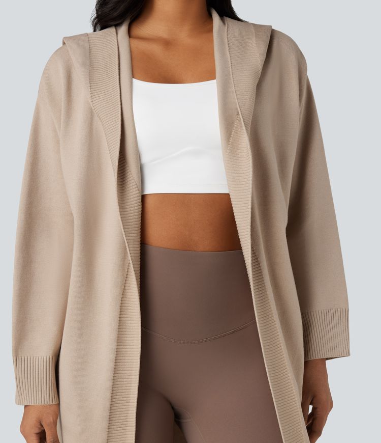 Cardigan long à capuche manches longues avec poches