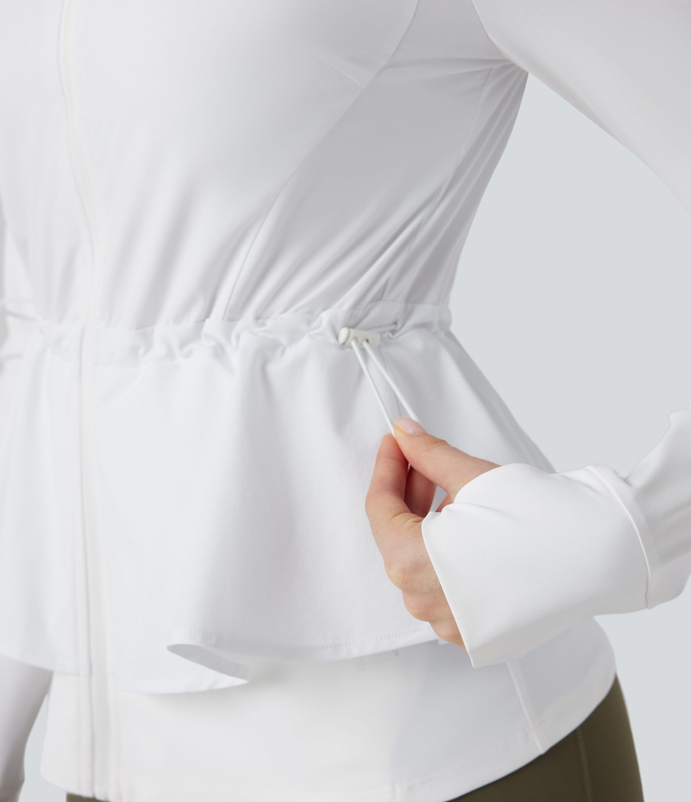 Durable Water Repellent High Neck Long Sleeve Thumb Hole Ruffle Hem Hiking Jacket with Pockets