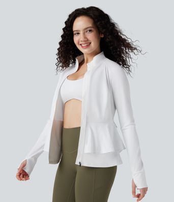 High Neck Long Sleeve Thumb Hole Ruffle Hem Hiking Jacket with Pockets