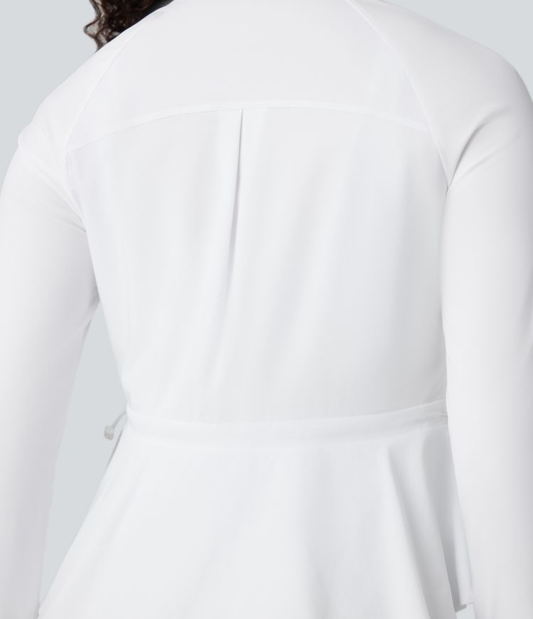 Durable Water Repellent High Neck Long Sleeve Thumb Hole Ruffle Hem Hiking Jacket with Pockets