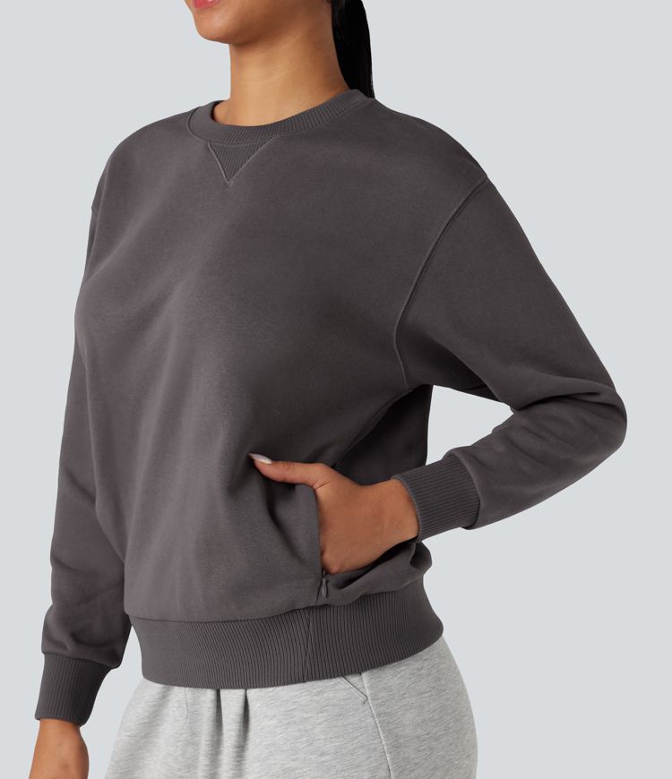Round Neck Long Sleeve Casual Cotton Sweatshirt with Pockets
