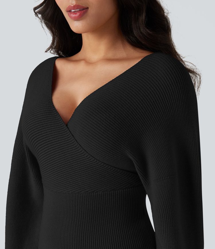 Lässiger Pullover mit V-Ausschnitt, Fledermausärmeln und Cut-Out-Design