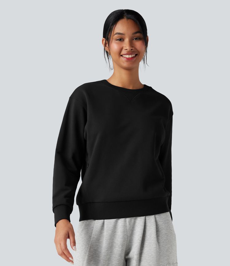 Round Neck Long Sleeve Casual Cotton Sweatshirt with Pockets