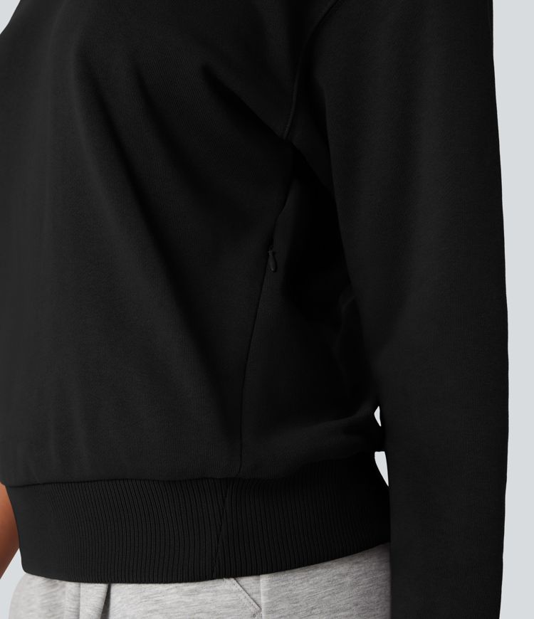 Round Neck Long Sleeve Casual Cotton Sweatshirt with Pockets