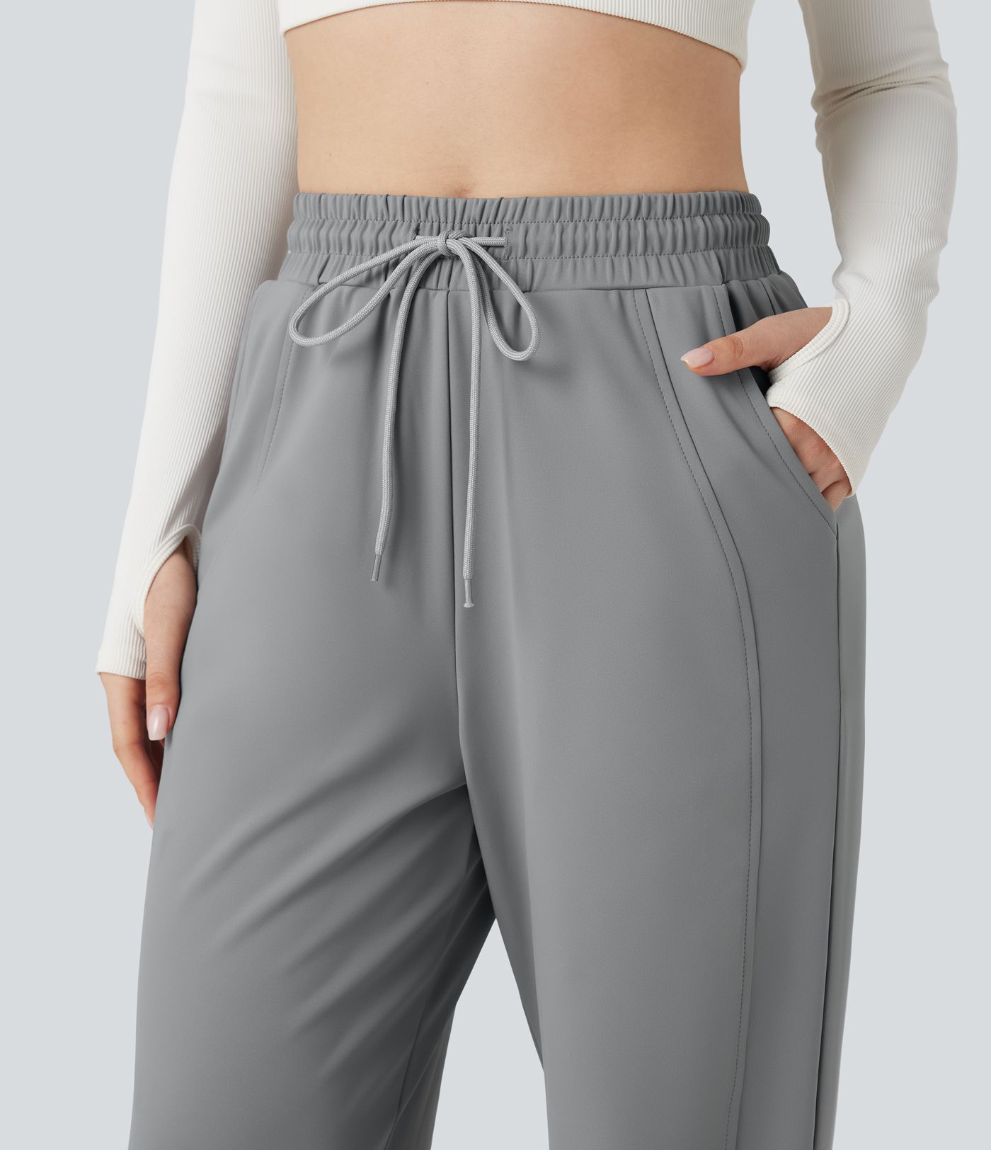 High Waisted Drawstring Straight Leg Yoga Trousers with Pockets