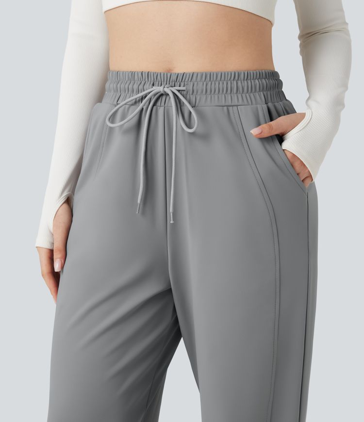 High Waisted Drawstring Straight Leg Yoga Trousers with Pockets