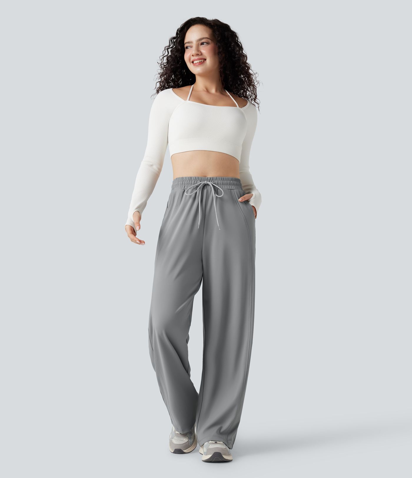 High Waisted Drawstring Straight Leg Yoga Trousers with Pockets