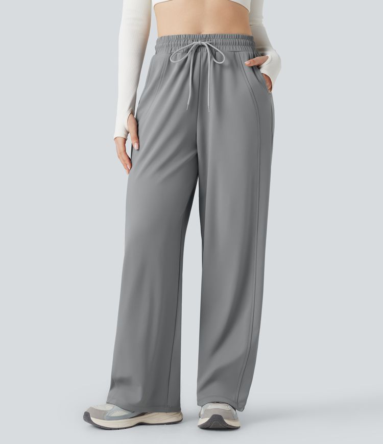 High Waisted Drawstring Straight Leg Yoga Trousers with Pockets
