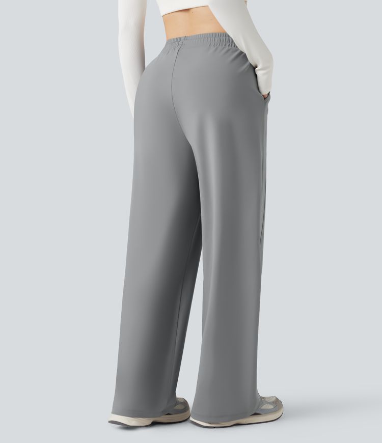 High Waisted Drawstring Straight Leg Yoga Trousers with Pockets