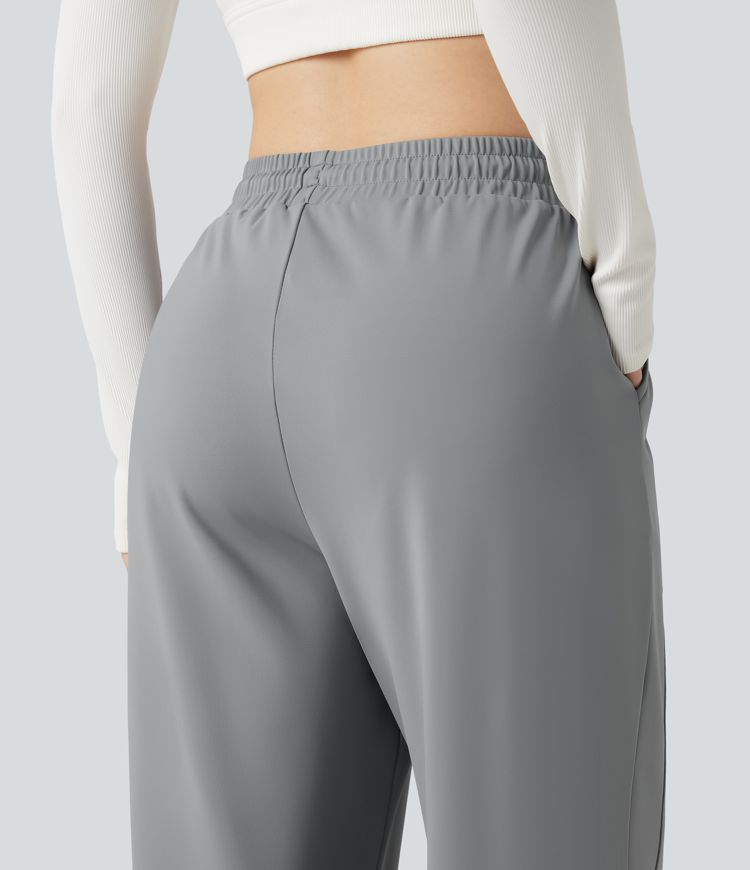 High Waisted Drawstring Straight Leg Yoga Trousers with Pockets