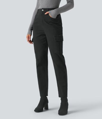 High-waisted Chino Cotton Casual 7/8 Tapered Pants with Pockets