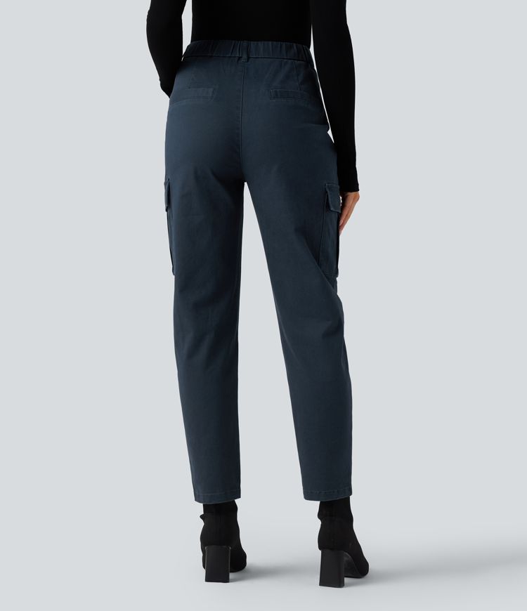 Pantalon 7/8 décontracté fuselé taille haute en coton chino avec poches