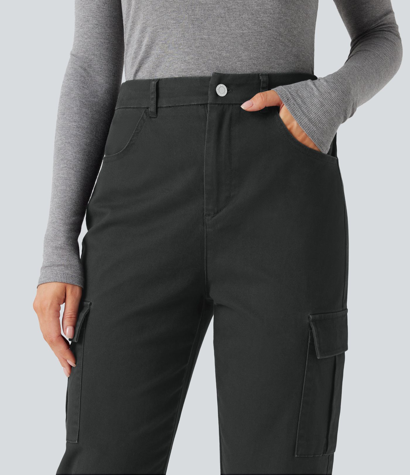 High-waisted Chino Cotton Casual 7/8 Tapered Pants with Pockets