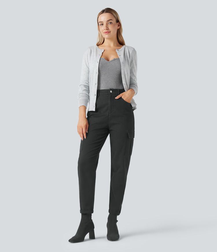 High-waisted Chino Cotton Casual 7/8 Tapered Pants with Pockets