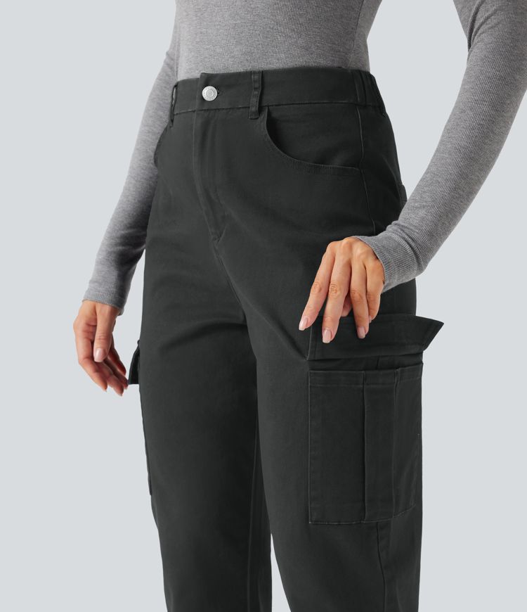 High-waisted Chino Cotton Casual 7/8 Tapered Pants with Pockets