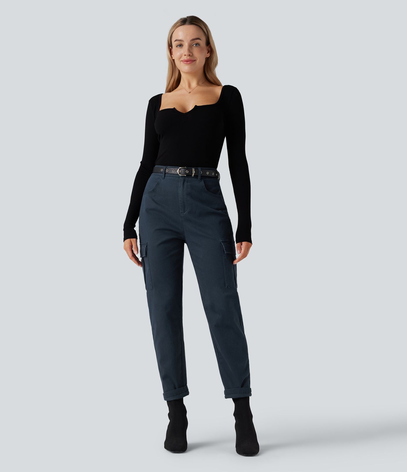 Pantalon 7/8 décontracté fuselé taille haute en coton chino avec poches