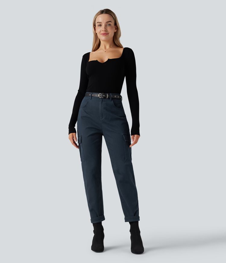 Pantalon 7/8 décontracté fuselé taille haute en coton chino avec poches