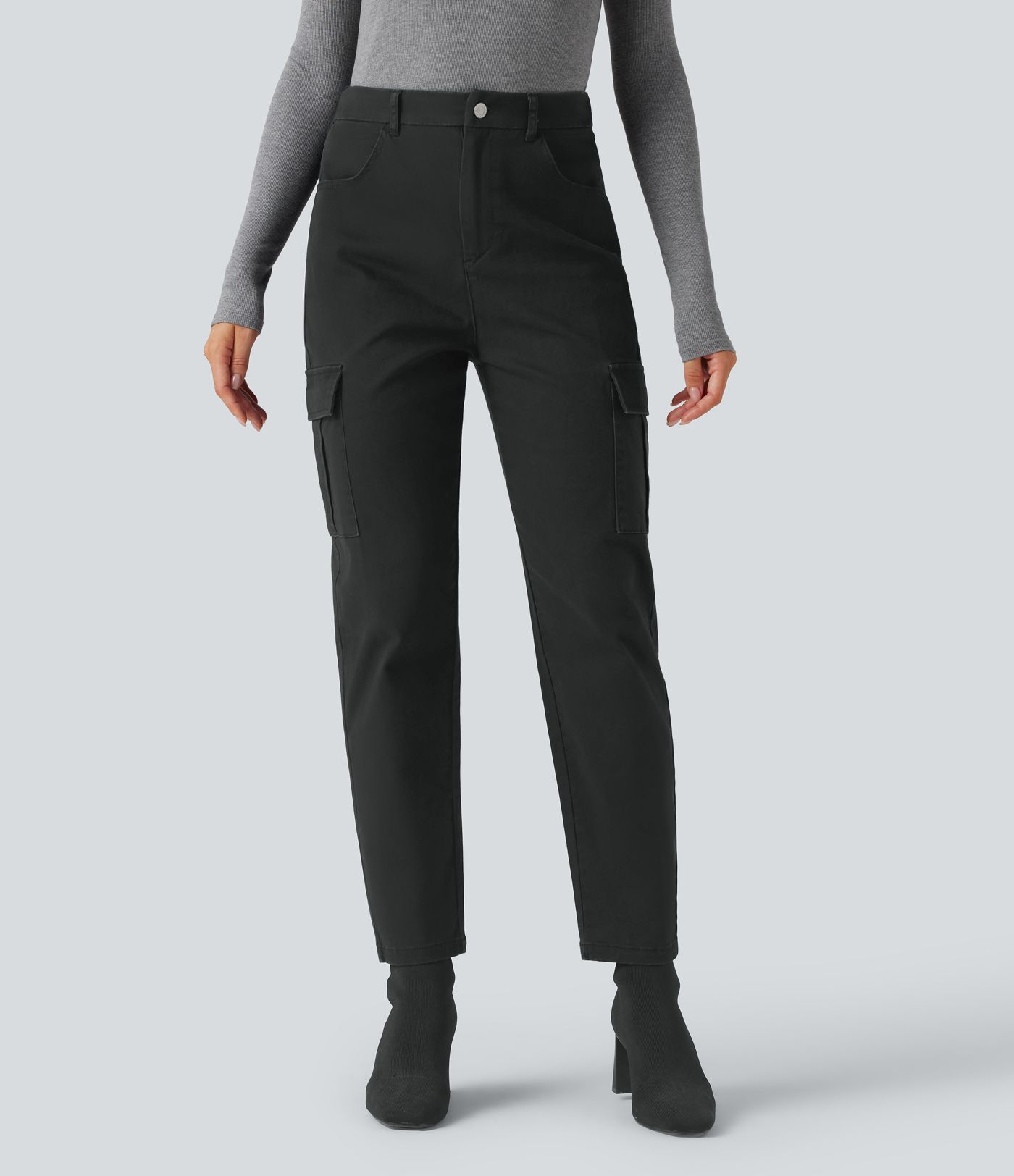 High-waisted Chino Cotton Casual 7/8 Tapered Pants with Pockets