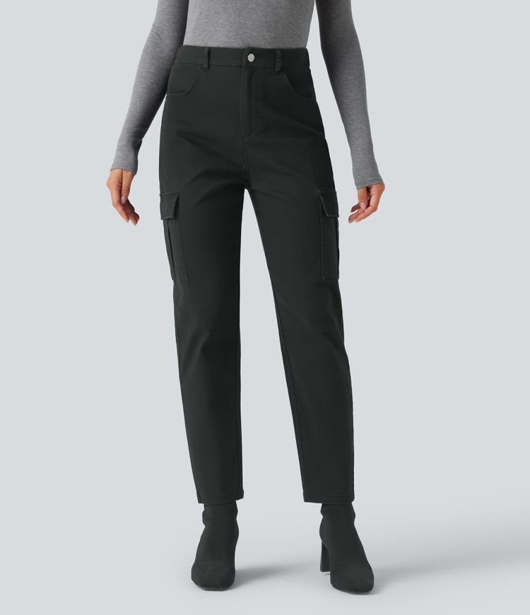 High-waisted Chino Cotton Casual 7/8 Tapered Pants with Pockets