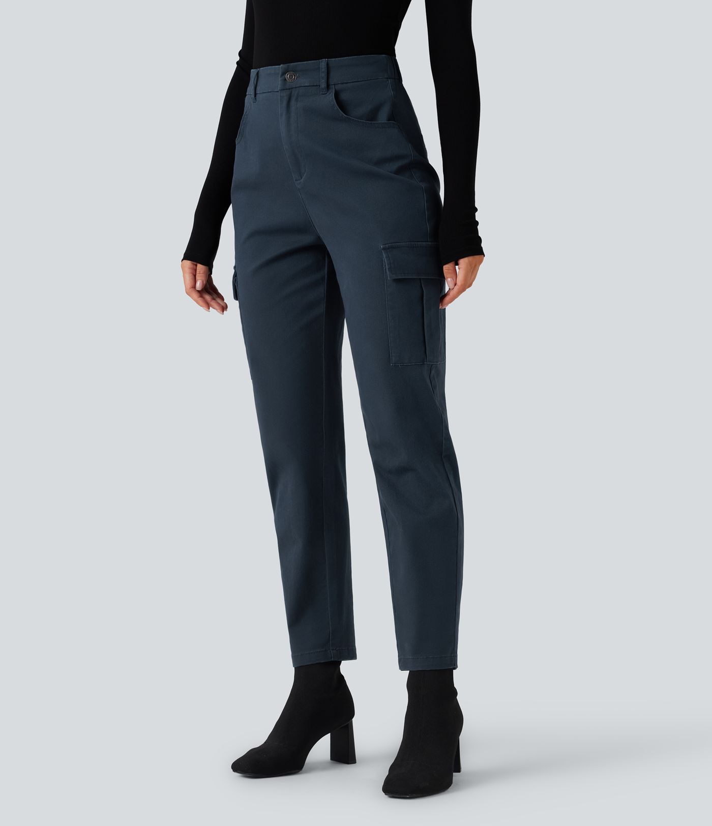 Pantalon 7/8 décontracté fuselé taille haute en coton chino avec poches