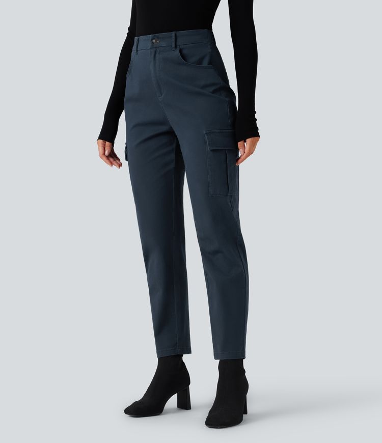 Pantalon 7/8 décontracté fuselé taille haute en coton chino avec poches