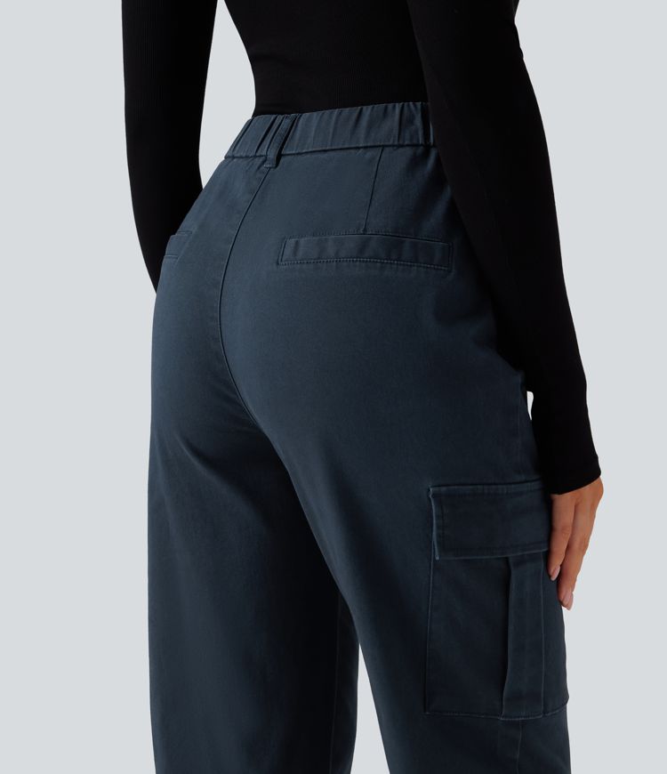 Pantalon 7/8 décontracté fuselé taille haute en coton chino avec poches