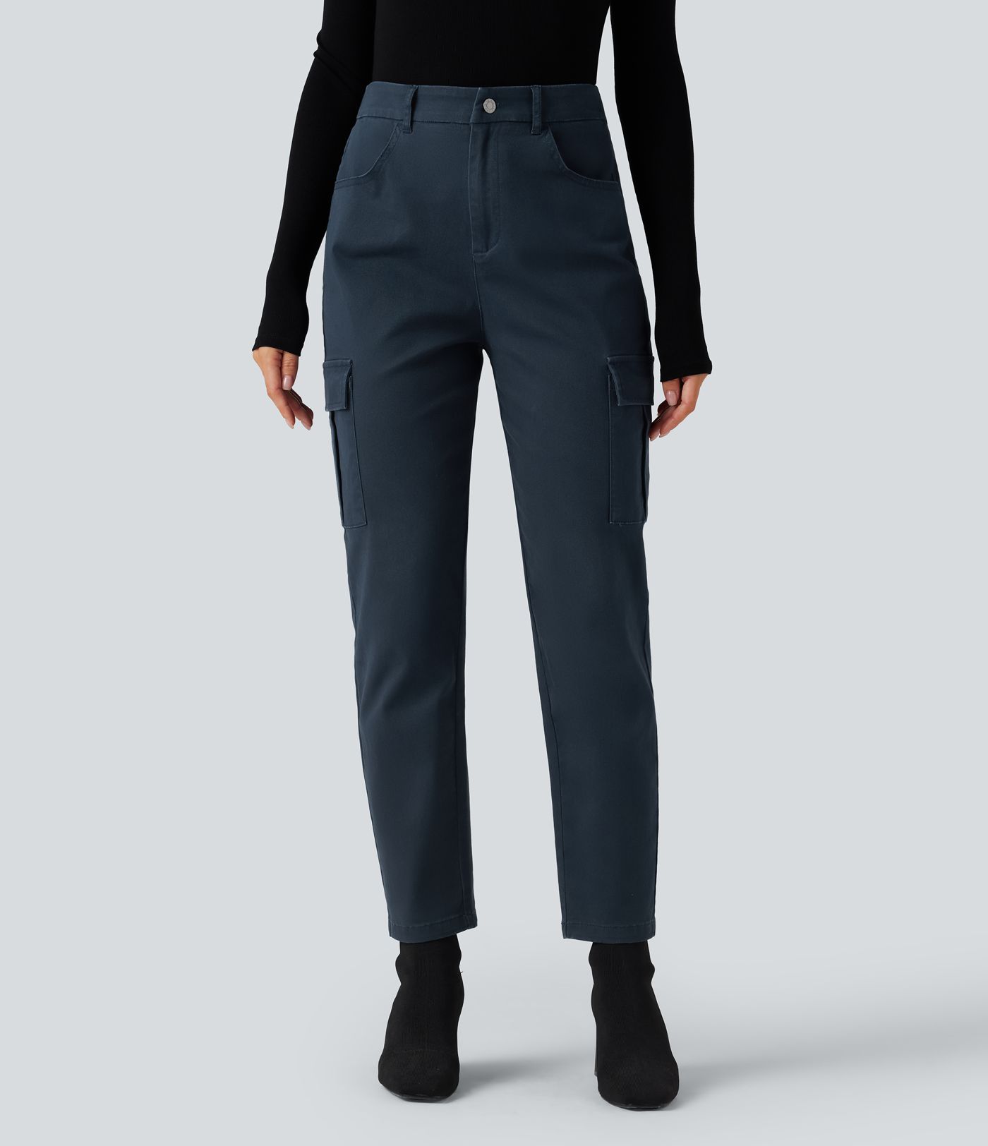 Pantalon 7/8 décontracté fuselé taille haute en coton chino avec poches