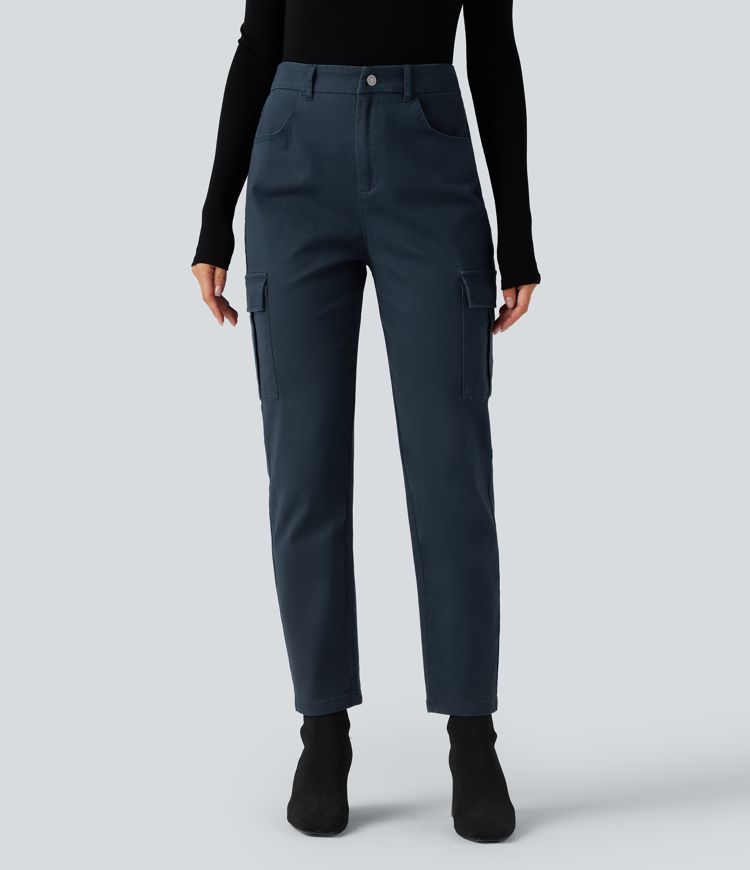 Pantalon 7/8 décontracté fuselé taille haute en coton chino avec poches