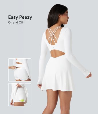 SoftlyZero™ QuickDry Crisscross Back Long Sleeve Thumb Holes 2-in-1 Mini Tennis Active Dress with Pockets-Easy Peezy