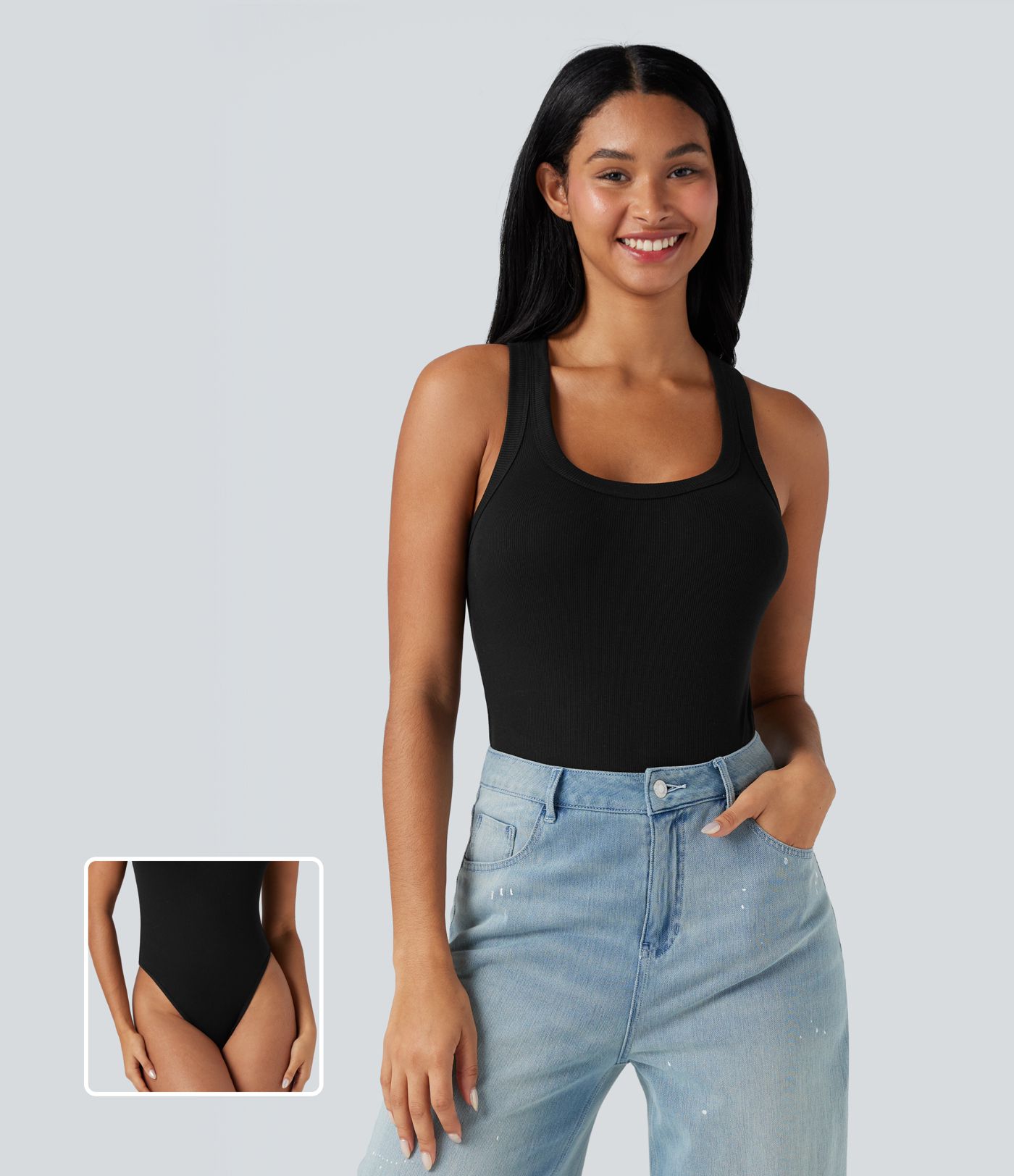 Ribbed Racerback Round-Neck Sleeveless Skinny Casual Bodysuit