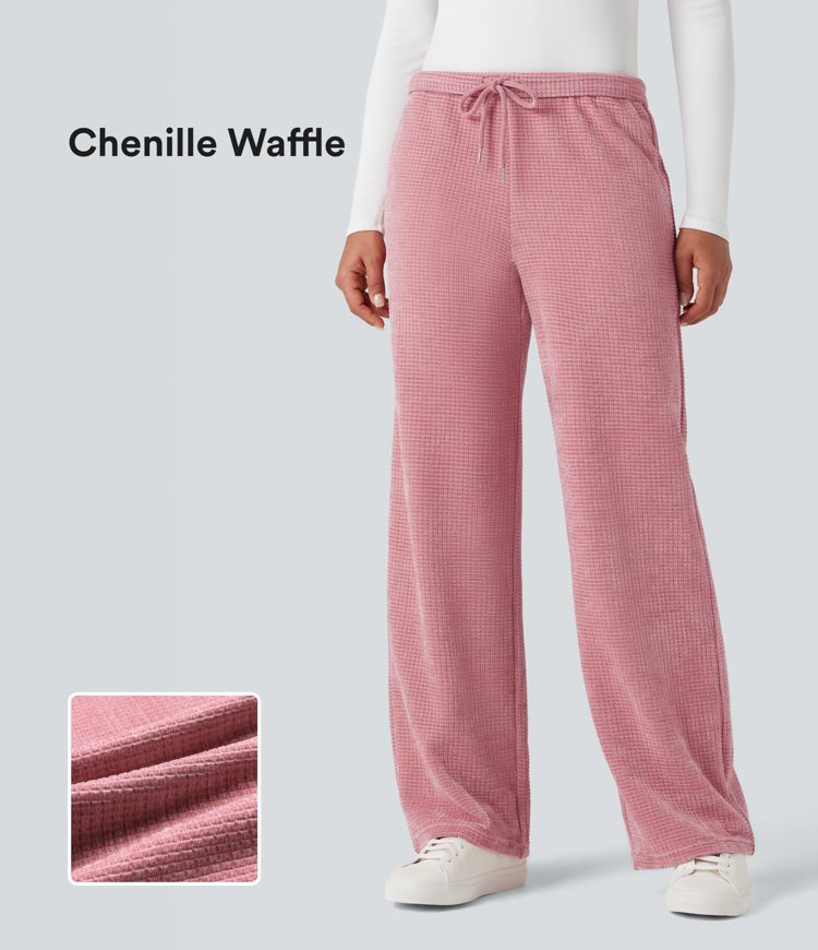 Mid Rise Chenille Waffle Casual Straight-leg Pants with Pockets