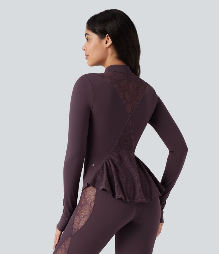 SoftlyZero™ Thumb Hole Contrast Lace Yoga Slim Jacket-UPF50+