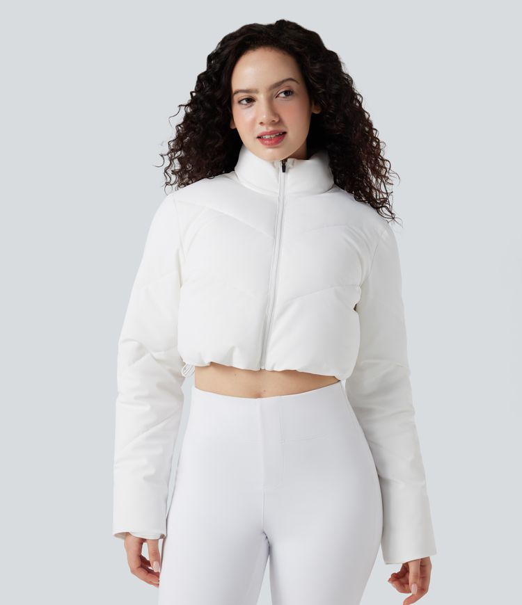 3-in-1 Stand Collar Casual Cropped Puffer Coat & Thumb Holes Curved Hem Jacket with Pocket