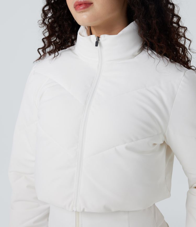 3-in-1 Stand Collar Casual Cropped Puffer Coat & Thumb Holes Curved Hem Jacket with Pocket