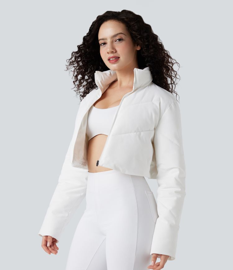 3-in-1 Stand Collar Casual Cropped Puffer Coat & Thumb Holes Curved Hem Jacket with Pocket