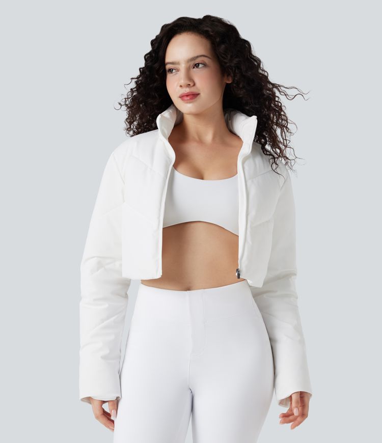 3-in-1 Stand Collar Casual Cropped Puffer Coat & Thumb Holes Curved Hem Jacket with Pocket