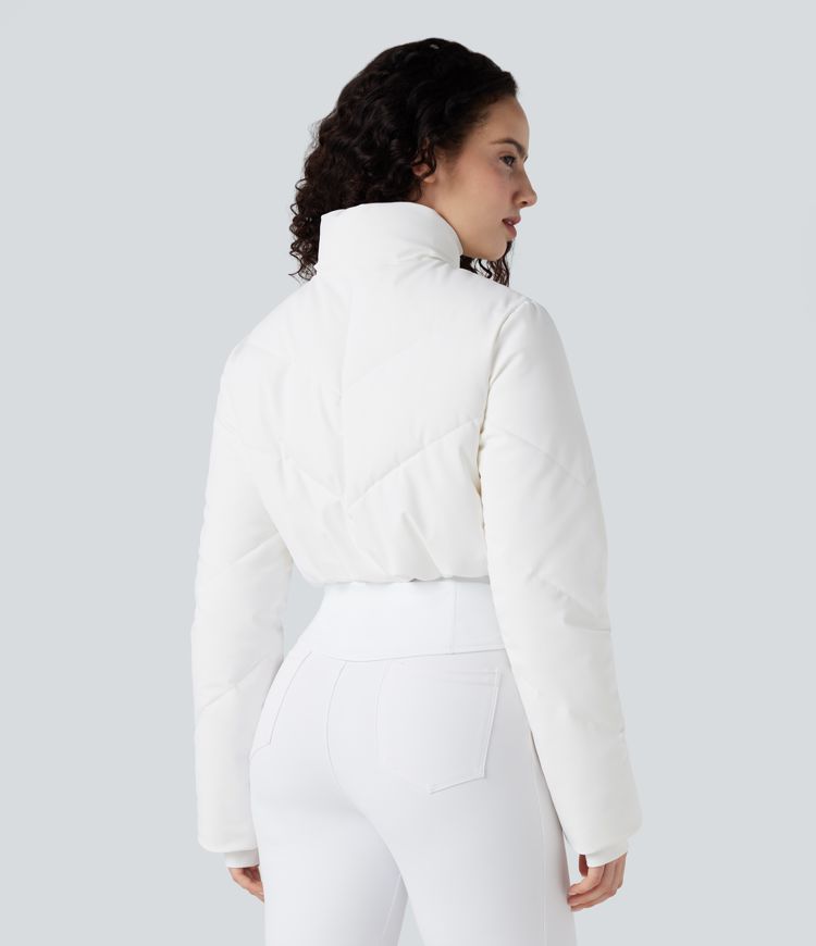 3-in-1 Stand Collar Casual Cropped Puffer Coat & Thumb Holes Curved Hem Jacket with Pocket