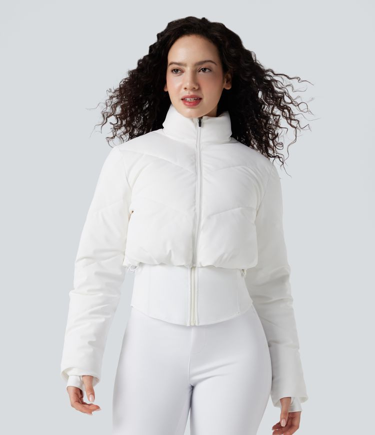 3-in-1 Stand Collar Casual Cropped Puffer Coat & Thumb Holes Curved Hem Jacket with Pocket