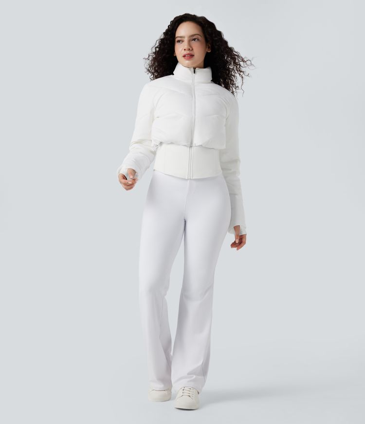 3-in-1 Stand Collar Casual Cropped Puffer Coat & Thumb Holes Curved Hem Jacket with Pocket