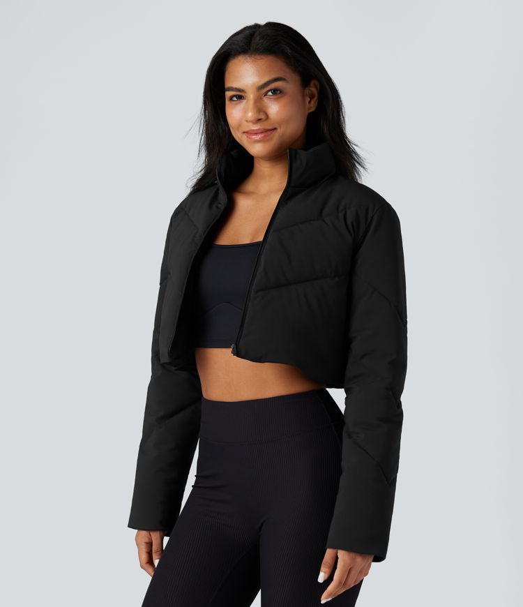 3-in-1 Stand Collar Casual Cropped Puffer Coat & Thumb Holes Curved Hem Jacket with Pocket